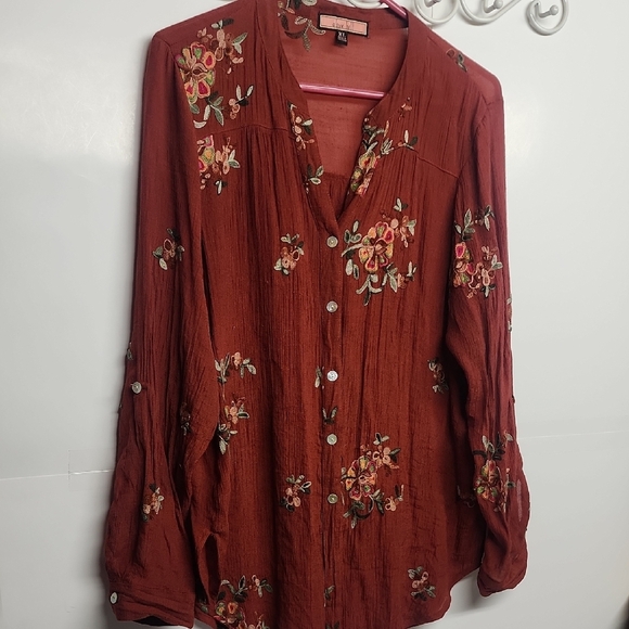 Olive Hill Tops - Olive Hill Floral Embroidered Button-Up Bohemian Garedencore Gorgeous XL Blouse